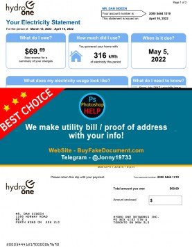 New Canada Hydro One Sample Fake utility bill